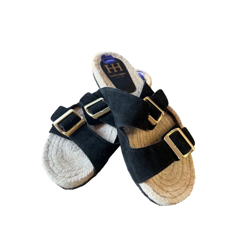 Haute‎ Hippie Womens Black Suede Espadrille Slide Sandals Gold Buckle 8.5